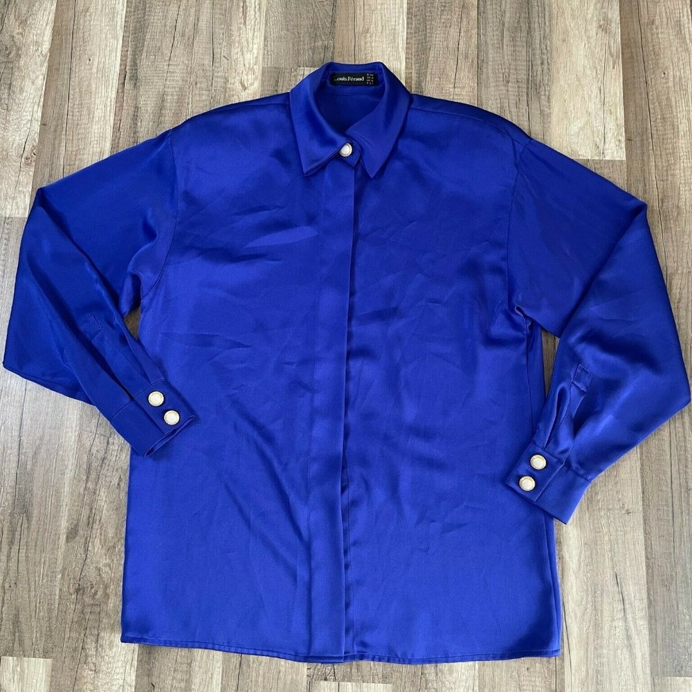 Louis Feraud Womens Blue Collared Button Pearl Cuff Sleeve Button Up Shirt Sz 4